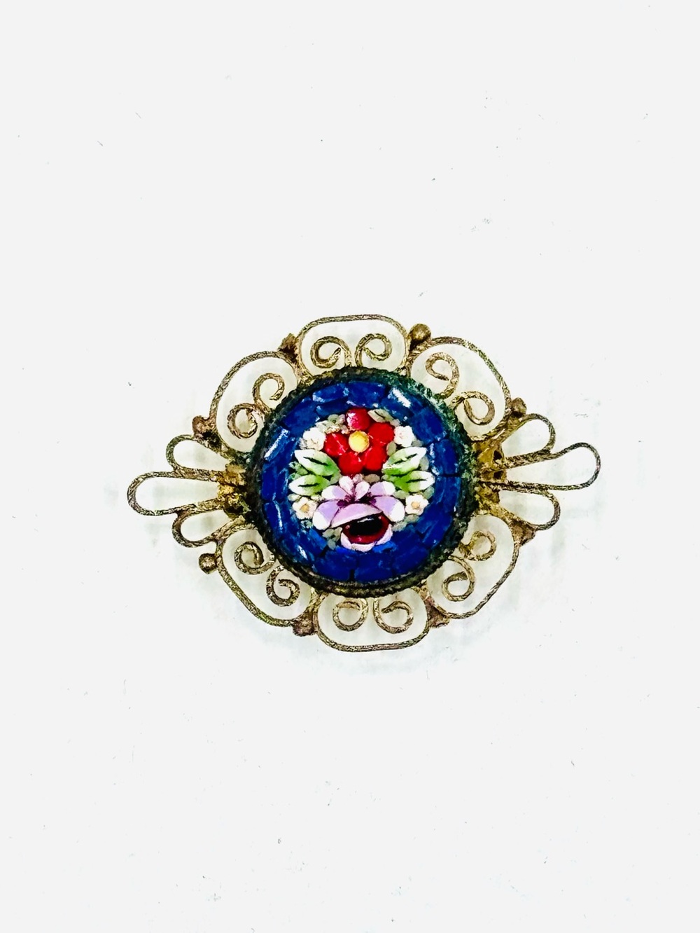 Vintage Floral Micro Mosaic Brooch with Antiqued Gold Tone Filagree Frame Italy